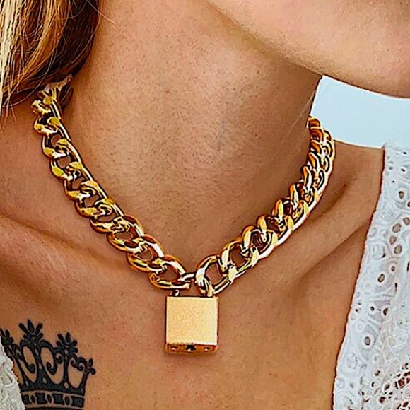 Gold Lock & Key Cuban Chain Link Punk Choker - Picture 8 of 13